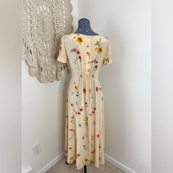 Vintage 90s Silk Floral Butter Yellow Maxi Dress Size 4 - Picture 5 of 5